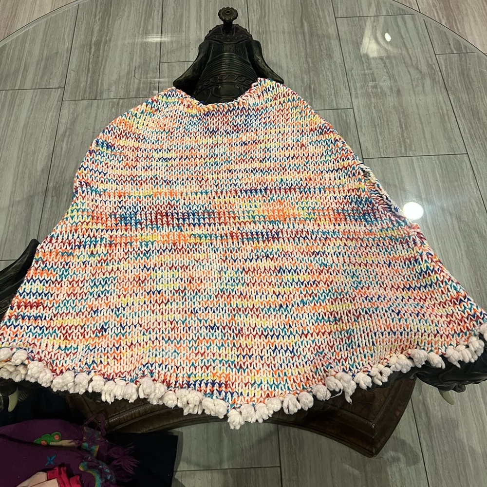 PEEK | Crochet Rainbow Colorful Kids  Pullover Fringe Poncho  XXL 12 2XL cape